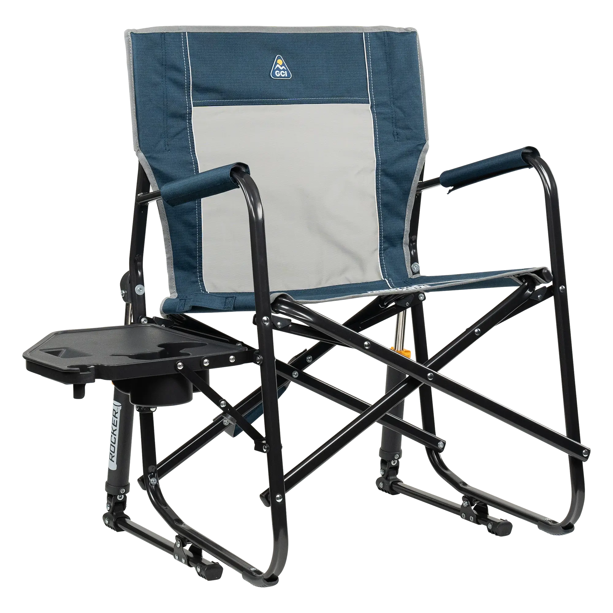 Premium All-Weather Freestyle Rocker with Side Table - Choice 853 - Heavy-Duty Kickback Rocker with Beverage Holder - Heathered Indigo