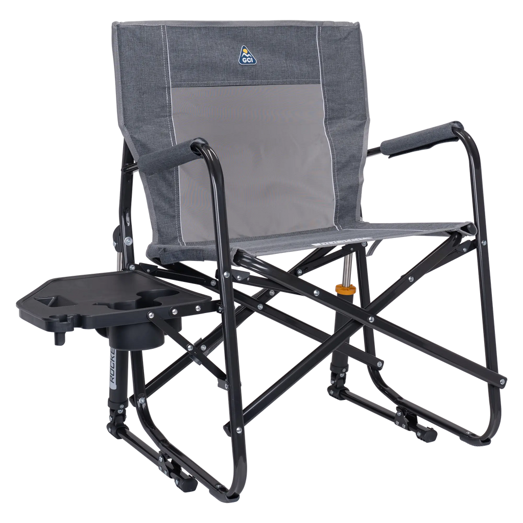 Premium All-Weather Freestyle Rocker with Side Table - Choice 853 - Heavy-Duty Kickback Rocker with Beverage Holder - Heathered Pewter