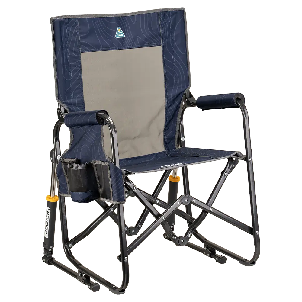 Smooth Motion Stowaway Rocker - Choice 794 - Patented Spring-Action Rocking Chair for Camping - Navy Topo