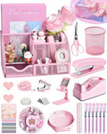 Eco-Friendly Pink Desk Accessories, 24Pcs Pink Office Supplies Collection