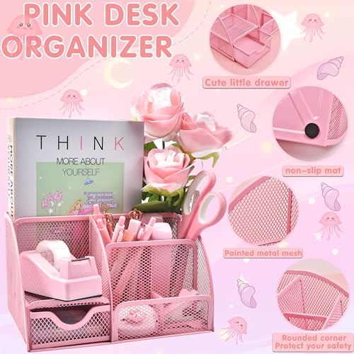 Eco-Friendly Pink Desk Accessories, 24Pcs Pink Office Supplies Collection