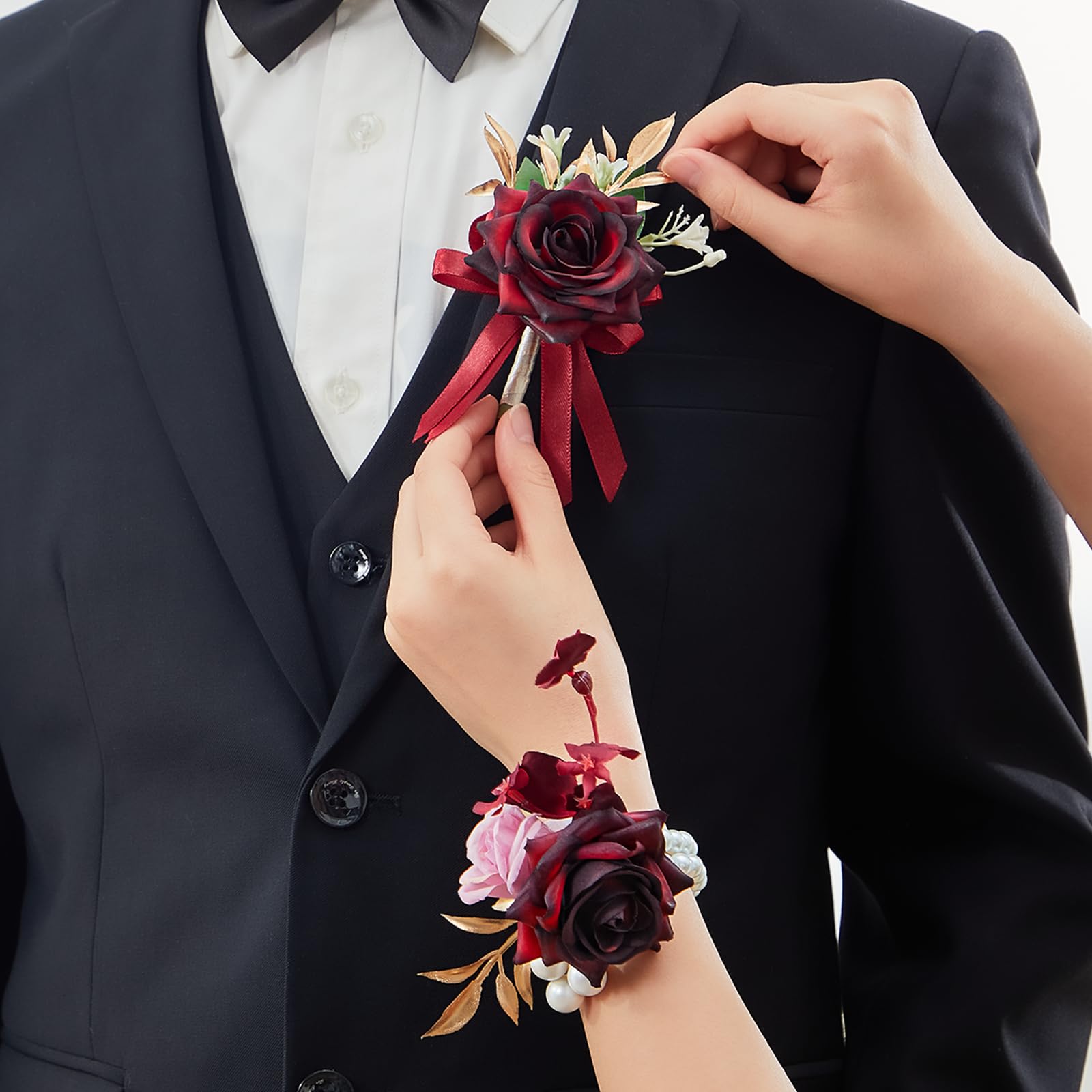 Serwalin 6Pcs Red Wrist Corsage for Wedding, Artificial Silk Rose Flower Wrist Corsage Wristlet for Prom Homecoming Party Accessories for Bride Bridesmaids, Mother of Bride and Groom