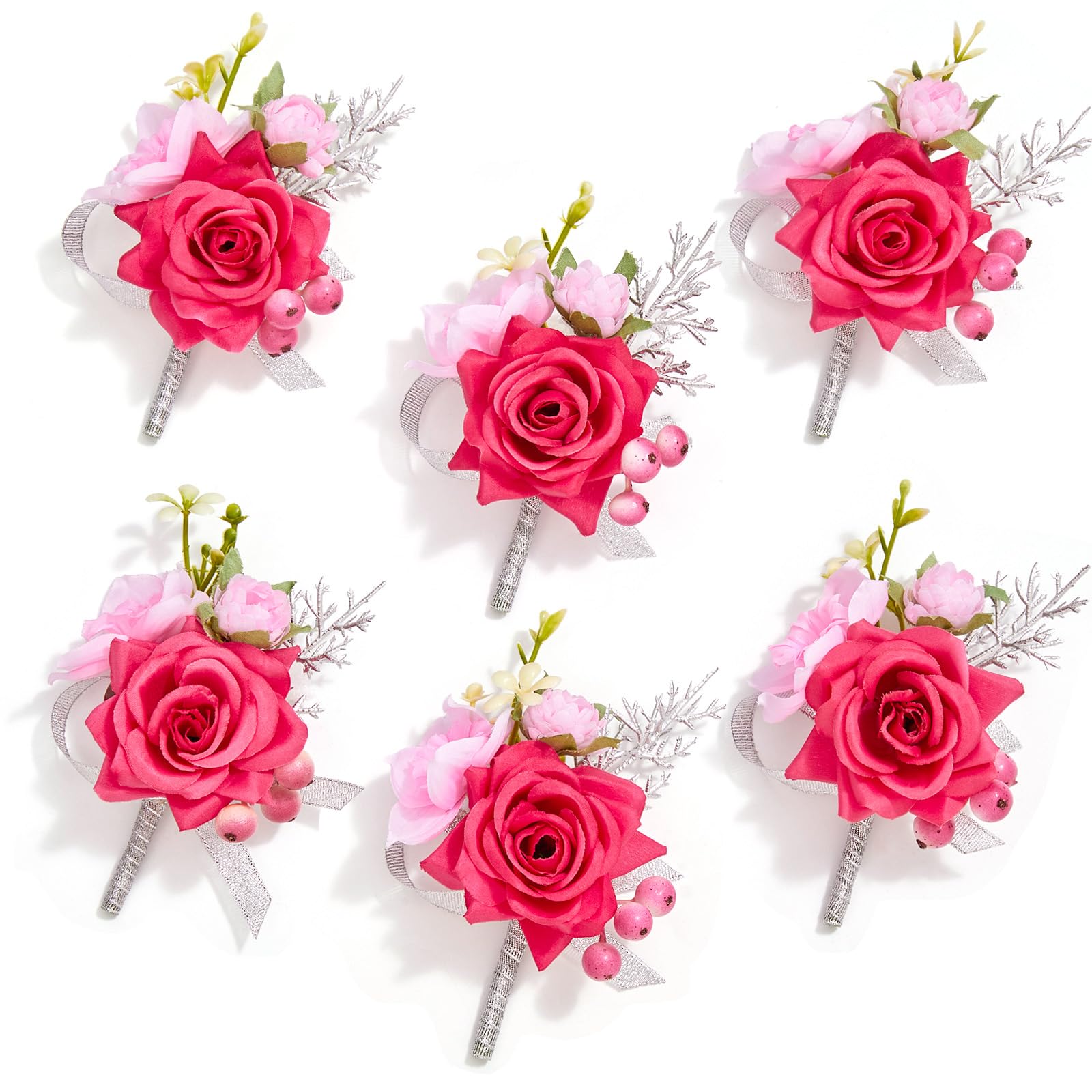 Serwalin 6Pcs Red Wrist Corsage for Wedding, Artificial Silk Rose Flower Wrist Corsage Wristlet for Prom Homecoming Party Accessories for Bride Bridesmaids, Mother of Bride and Groom