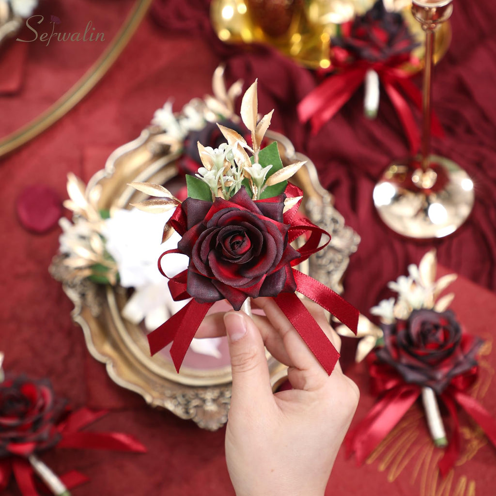 Serwalin 6Pcs Red Wrist Corsage for Wedding, Artificial Silk Rose Flower Wrist Corsage Wristlet for Prom Homecoming Party Accessories for Bride Bridesmaids, Mother of Bride and Groom