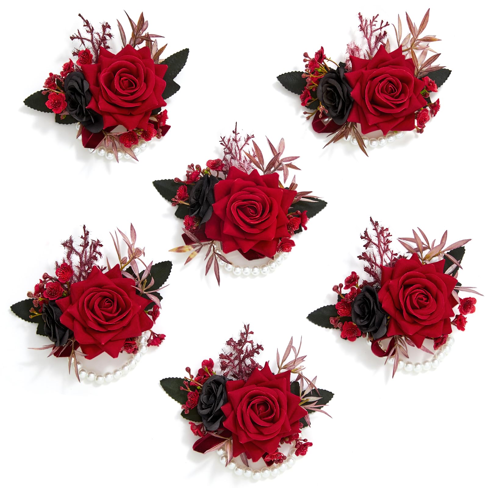 Serwalin 6Pcs Red Wrist Corsage for Wedding, Artificial Silk Rose Flower Wrist Corsage Wristlet for Prom Homecoming Party Accessories for Bride Bridesmaids, Mother of Bride and Groom