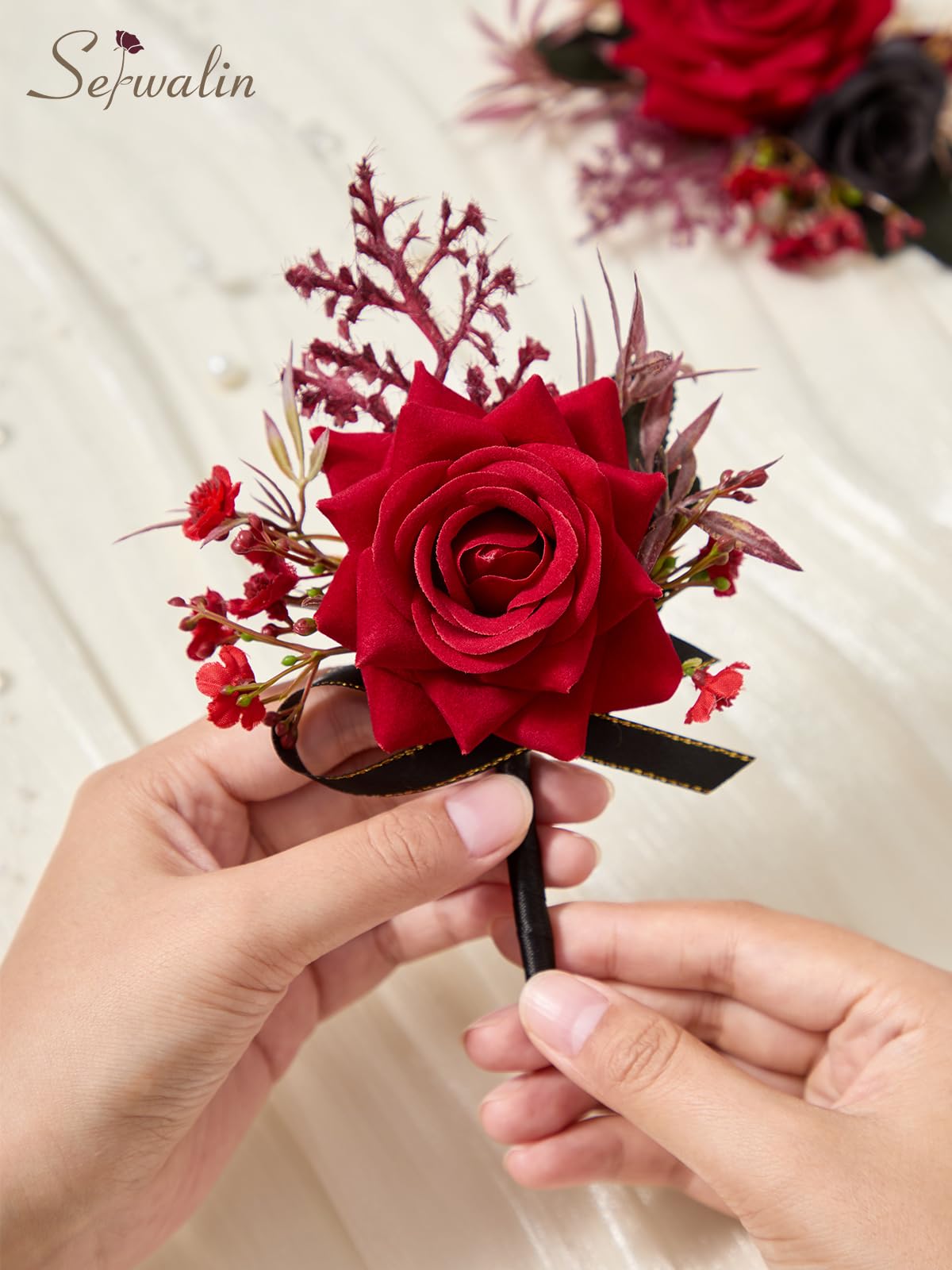 Serwalin 6Pcs Red Wrist Corsage for Wedding, Artificial Silk Rose Flower Wrist Corsage Wristlet for Prom Homecoming Party Accessories for Bride Bridesmaids, Mother of Bride and Groom