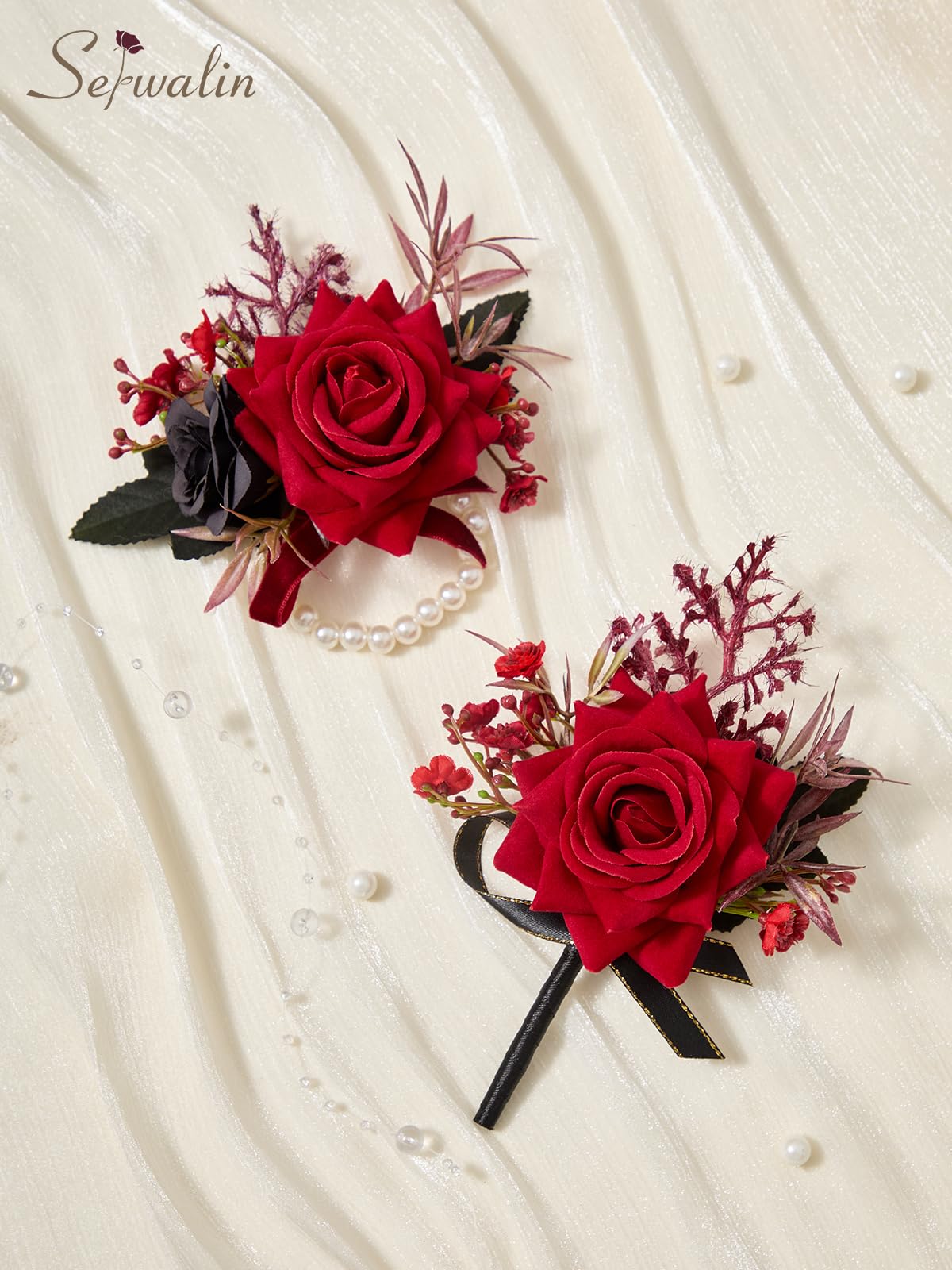 Serwalin 6Pcs Red Wrist Corsage for Wedding, Artificial Silk Rose Flower Wrist Corsage Wristlet for Prom Homecoming Party Accessories for Bride Bridesmaids, Mother of Bride and Groom