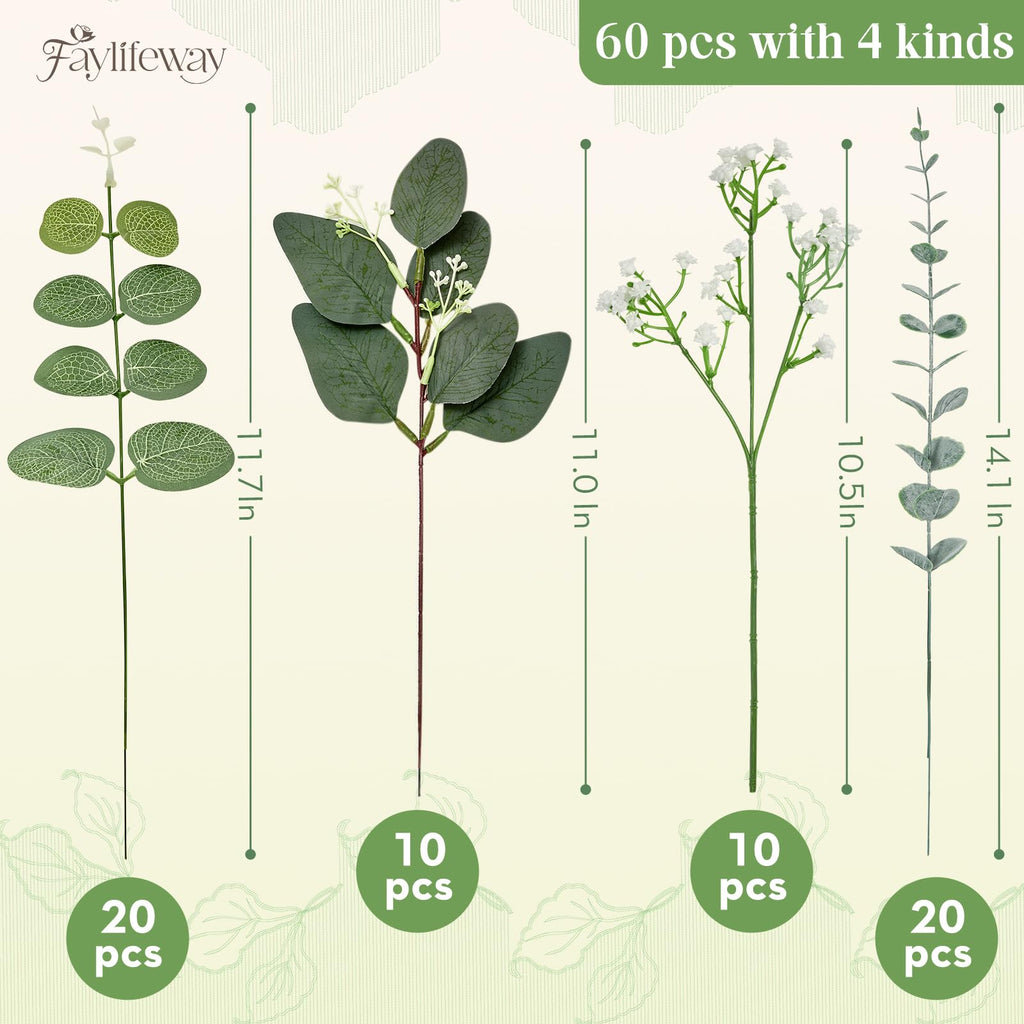 120 Pcs 4 Kinds Mixed Eucalyptus Greenery Stems, Baby Breath Flowers Artificial Bulk and Greenery Stems for DIY Bouquets Wedding Home Floral Decor