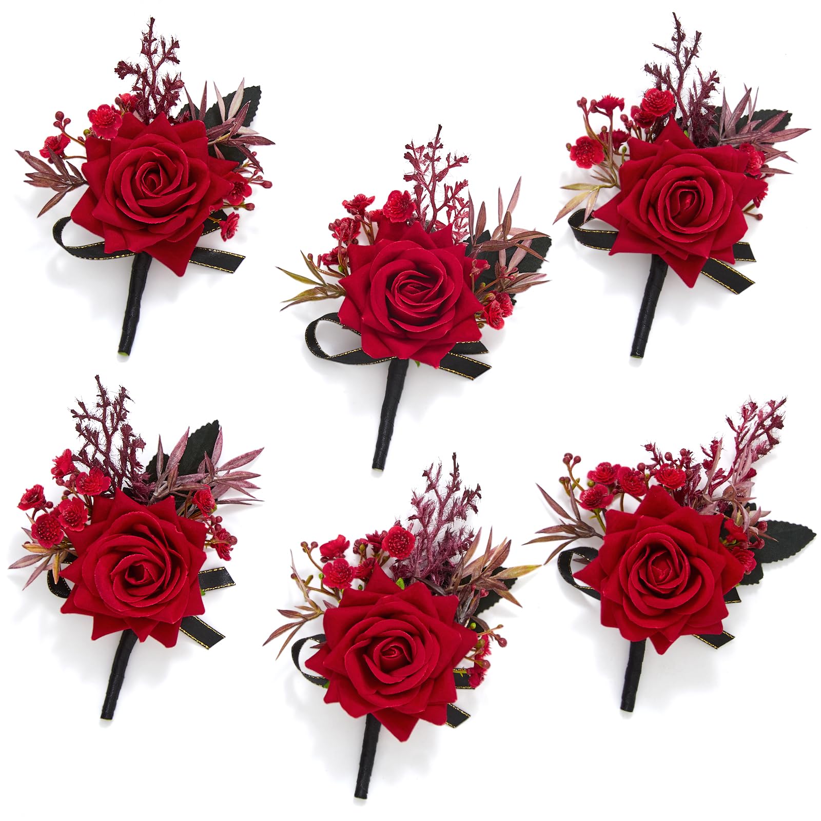 Serwalin 6Pcs Red Wrist Corsage for Wedding, Artificial Silk Rose Flower Wrist Corsage Wristlet for Prom Homecoming Party Accessories for Bride Bridesmaids, Mother of Bride and Groom
