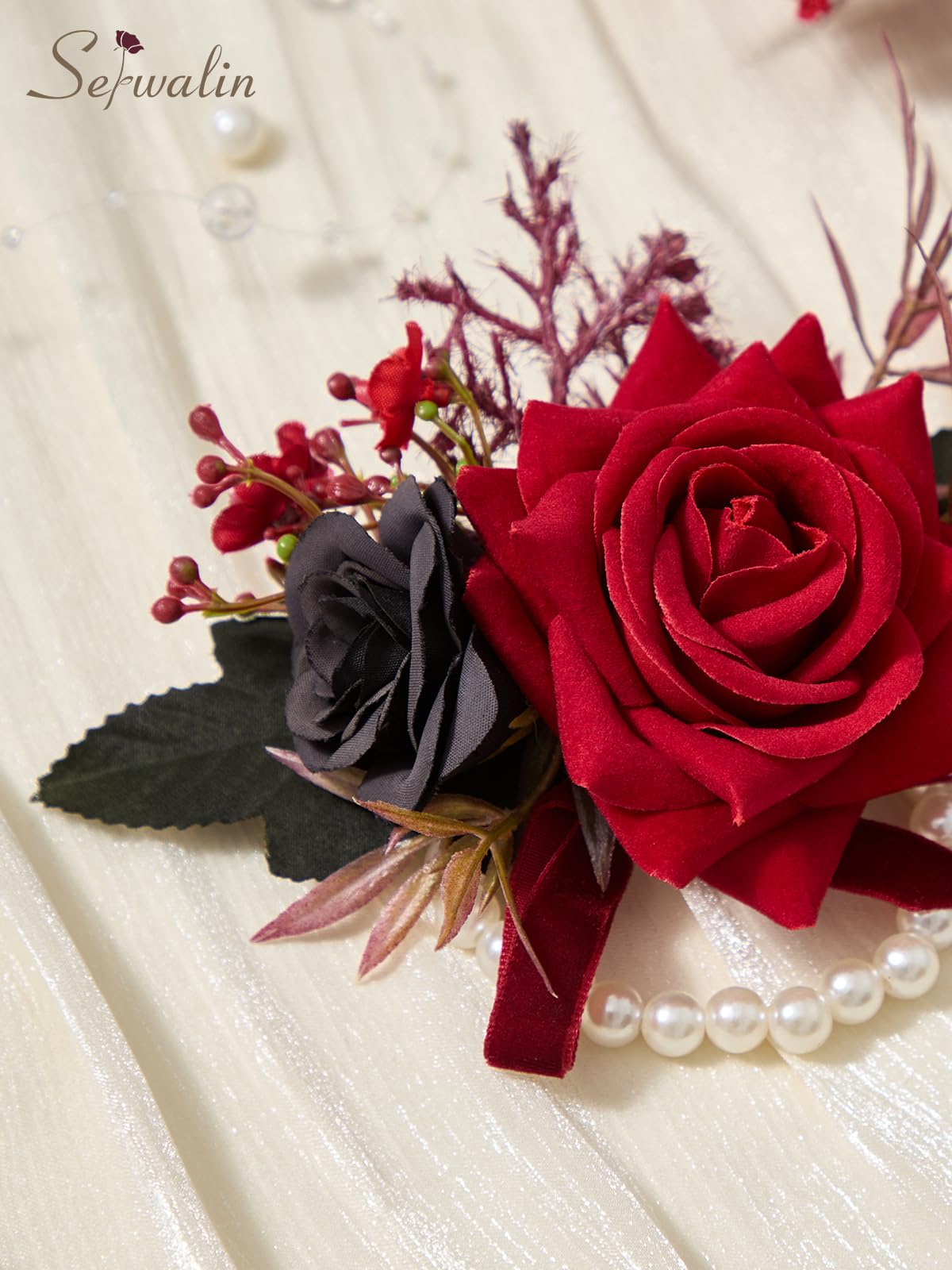 Serwalin 6Pcs Red Wrist Corsage for Wedding, Artificial Silk Rose Flower Wrist Corsage Wristlet for Prom Homecoming Party Accessories for Bride Bridesmaids, Mother of Bride and Groom