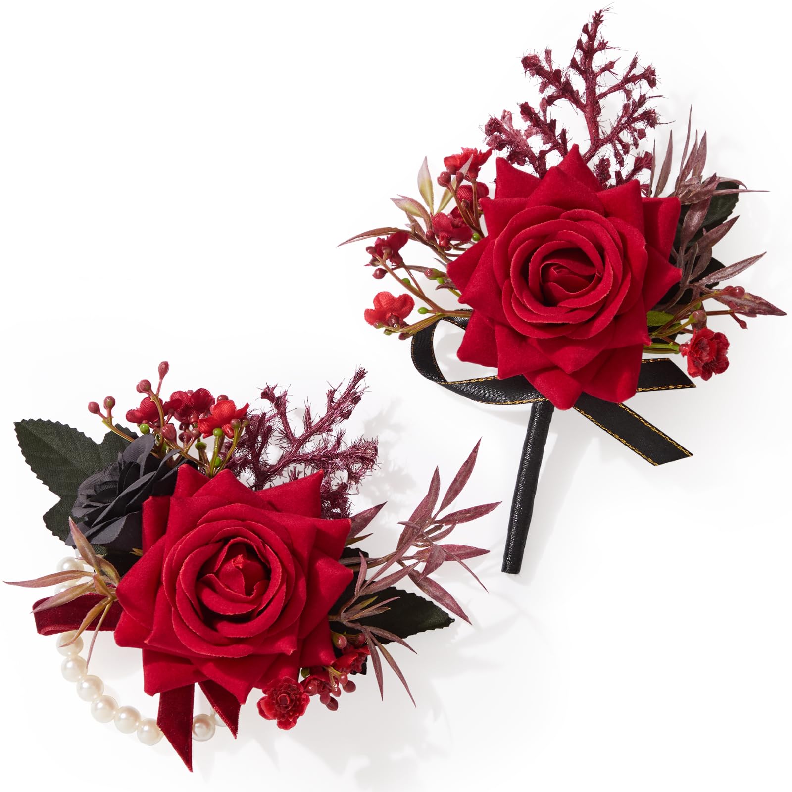 Serwalin 6Pcs Red Wrist Corsage for Wedding, Artificial Silk Rose Flower Wrist Corsage Wristlet for Prom Homecoming Party Accessories for Bride Bridesmaids, Mother of Bride and Groom