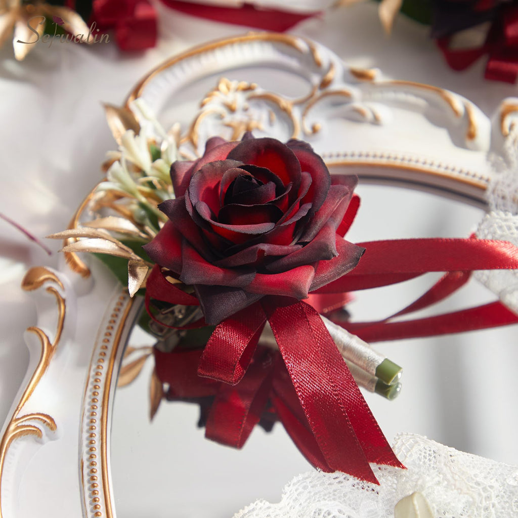 Serwalin 6Pcs Red Wrist Corsage for Wedding, Artificial Silk Rose Flower Wrist Corsage Wristlet for Prom Homecoming Party Accessories for Bride Bridesmaids, Mother of Bride and Groom