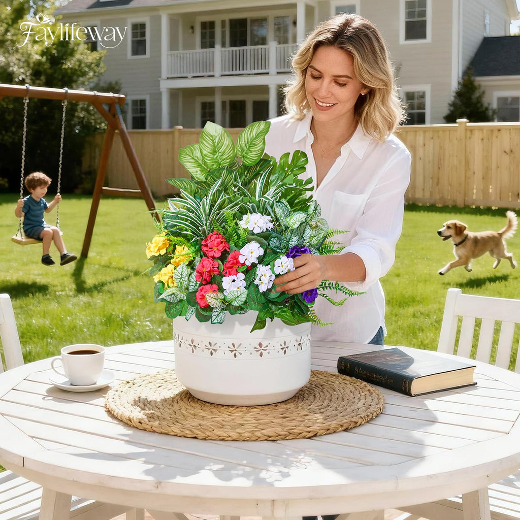 12 Bundles Artificial Plants Outdoor,UV Resistant Fake Greenery Stems with Large Shrubs Faux Plastic Plant for Outside Front Porch Planters Garden Window Box Patio Decor(Pot Not Included)