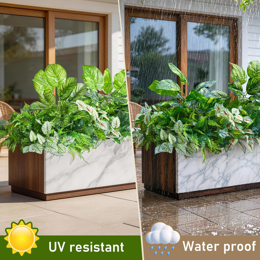 12 Bundles Artificial Plants Outdoor,UV Resistant Fake Greenery Stems with Large Shrubs Faux Plastic Plant for Outside Front Porch Planters Garden Window Box Patio Decor(Pot Not Included)
