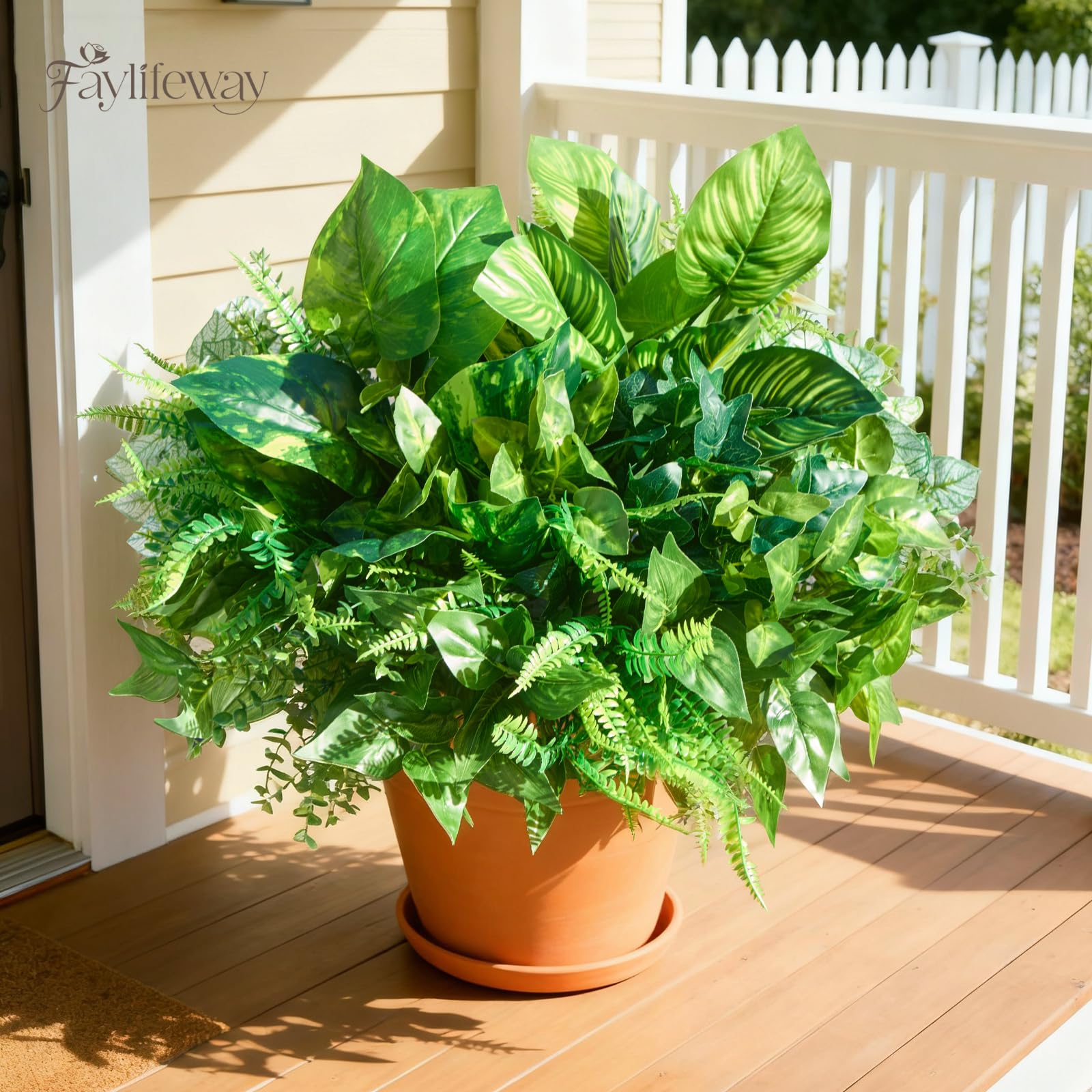 12 Bundles Artificial Plants Outdoor,UV Resistant Fake Greenery Stems with Large Shrubs Faux Plastic Plant for Outside Front Porch Planters Garden Window Box Patio Decor(Pot Not Included)
