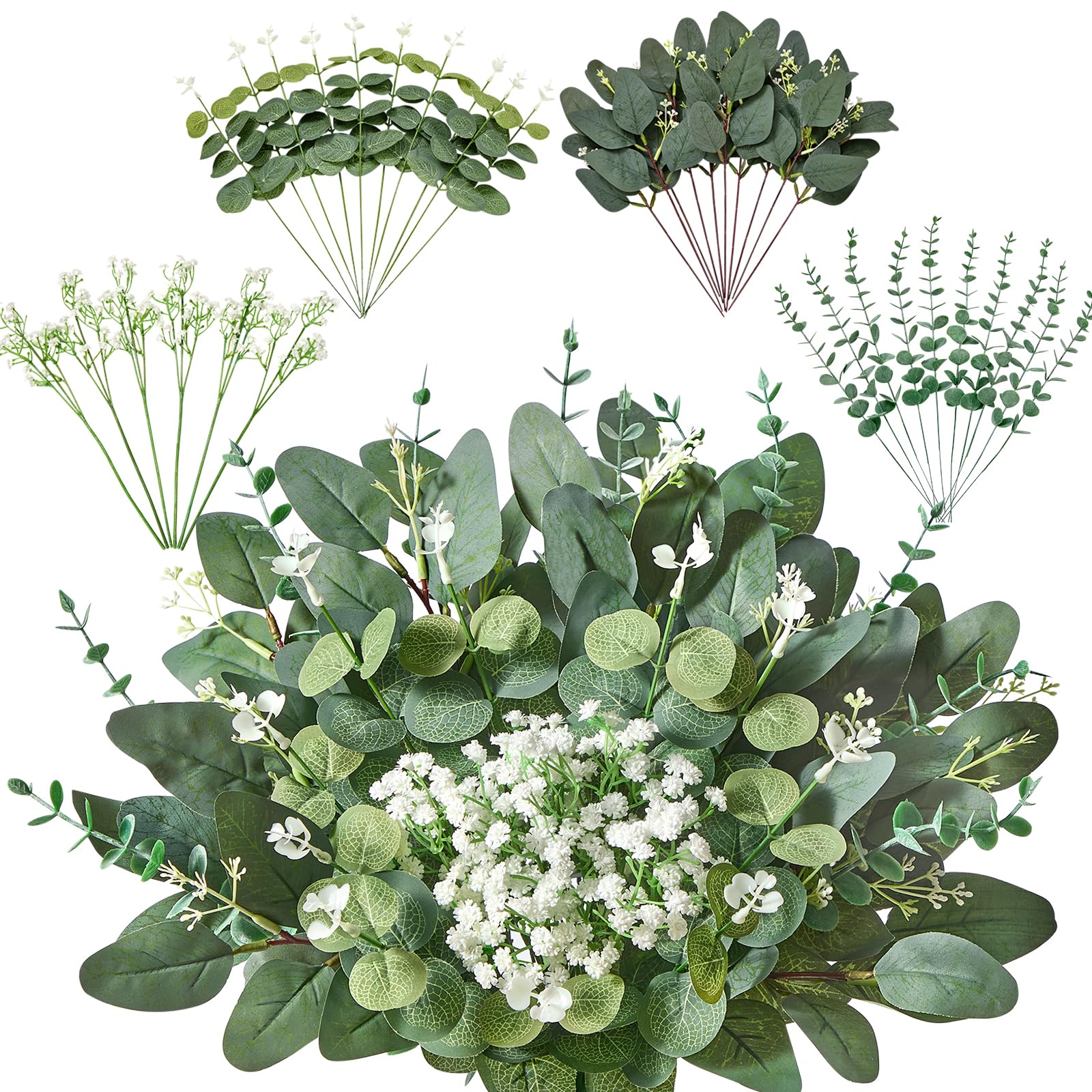 120 Pcs 4 Kinds Mixed Eucalyptus Greenery Stems, Baby Breath Flowers Artificial Bulk and Greenery Stems for DIY Bouquets Wedding Home Floral Decor
