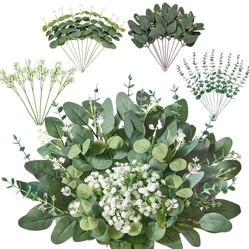 120 Pcs 4 Kinds Mixed Eucalyptus Greenery Stems, Baby Breath Flowers Artificial Bulk and Greenery Stems for DIY Bouquets Wedding Home Floral Decor