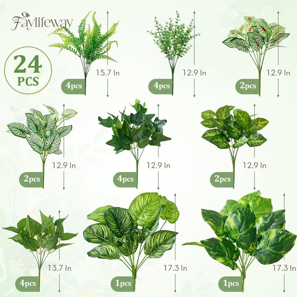 12 Bundles Artificial Plants Outdoor,UV Resistant Fake Greenery Stems with Large Shrubs Faux Plastic Plant for Outside Front Porch Planters Garden Window Box Patio Decor(Pot Not Included)