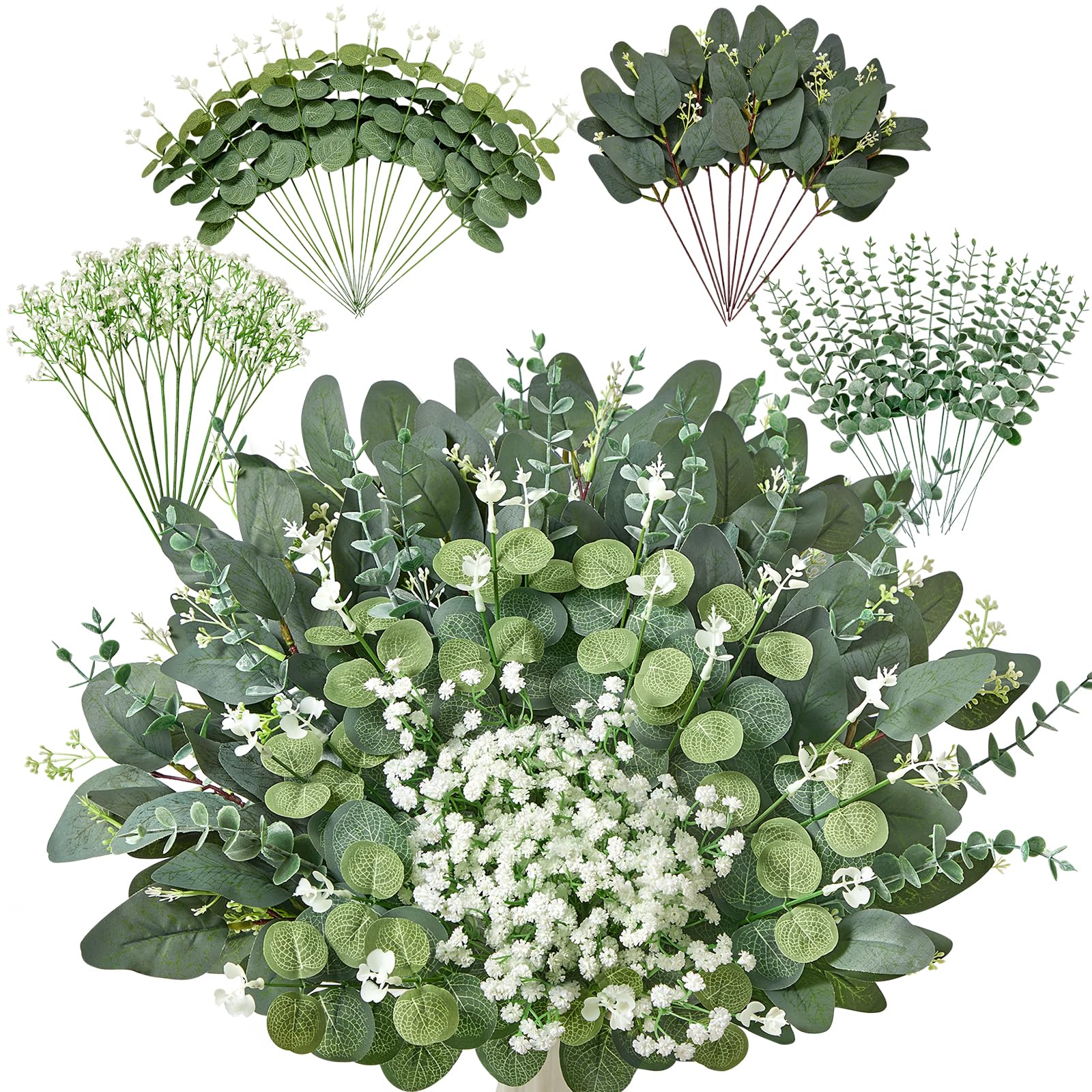 120 Pcs 4 Kinds Mixed Eucalyptus Greenery Stems, Baby Breath Flowers Artificial Bulk and Greenery Stems for DIY Bouquets Wedding Home Floral Decor