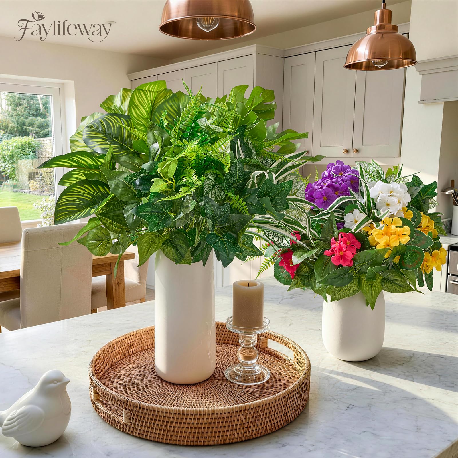 12 Bundles Artificial Plants Outdoor,UV Resistant Fake Greenery Stems with Large Shrubs Faux Plastic Plant for Outside Front Porch Planters Garden Window Box Patio Decor(Pot Not Included)