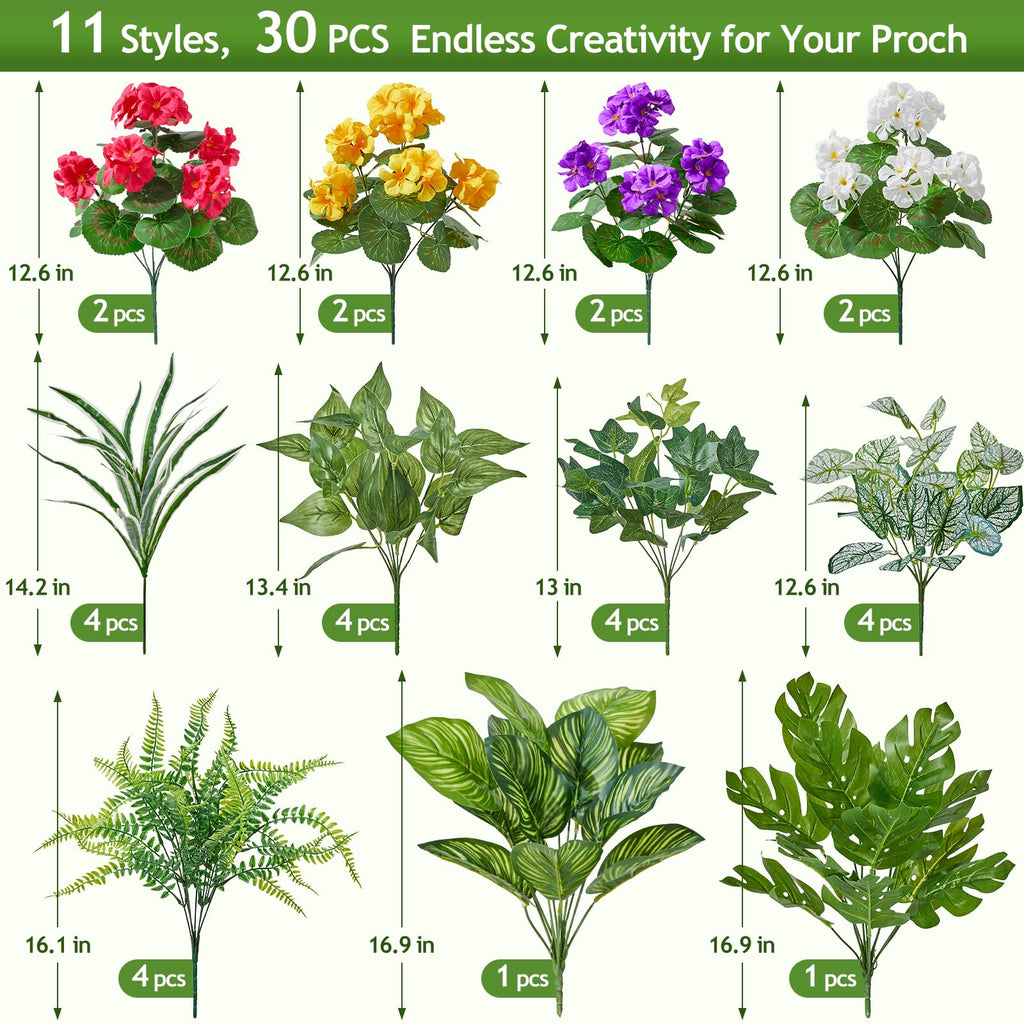 12 Bundles Artificial Plants Outdoor,UV Resistant Fake Greenery Stems with Large Shrubs Faux Plastic Plant for Outside Front Porch Planters Garden Window Box Patio Decor(Pot Not Included)