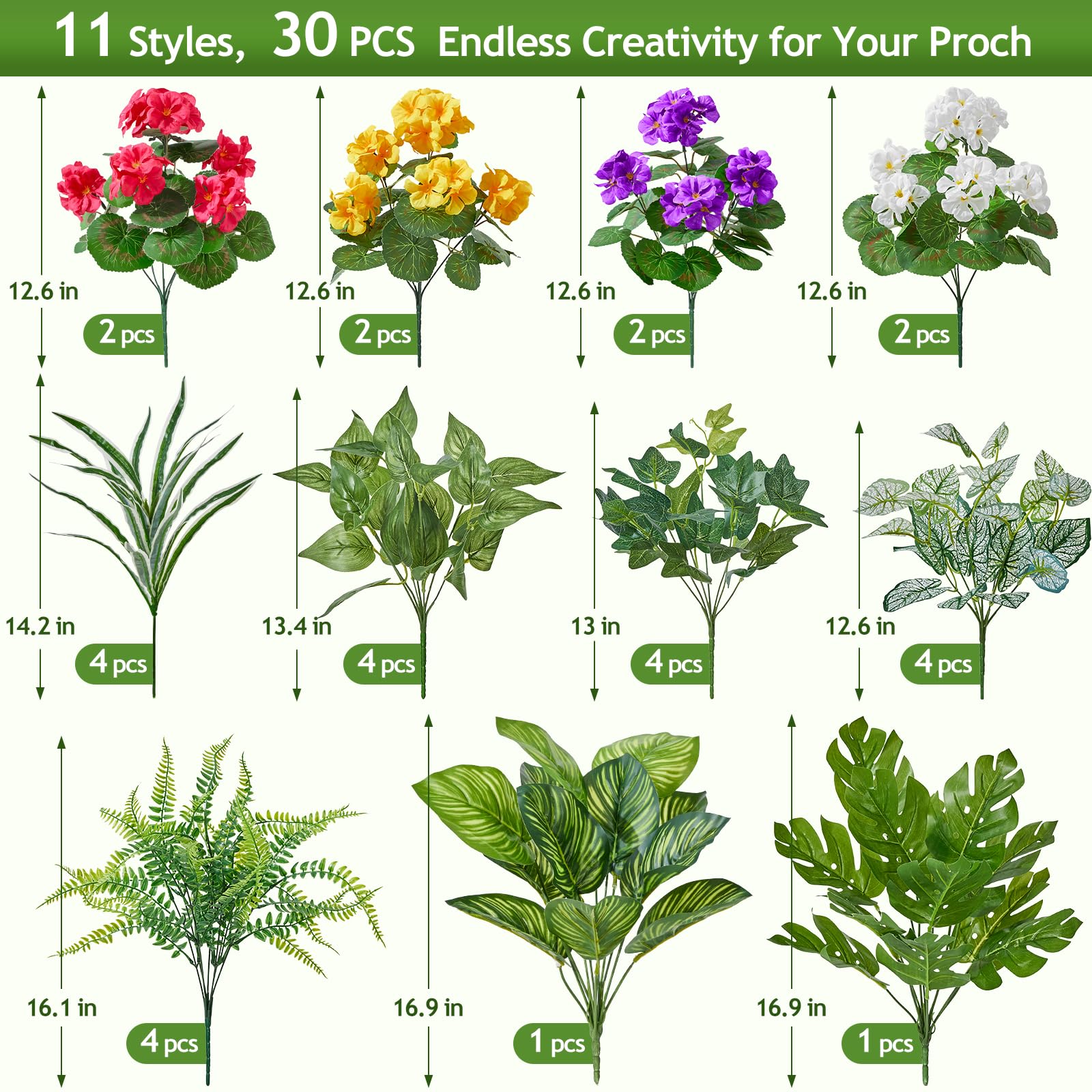 12 Bundles Artificial Plants Outdoor,UV Resistant Fake Greenery Stems with Large Shrubs Faux Plastic Plant for Outside Front Porch Planters Garden Window Box Patio Decor(Pot Not Included)