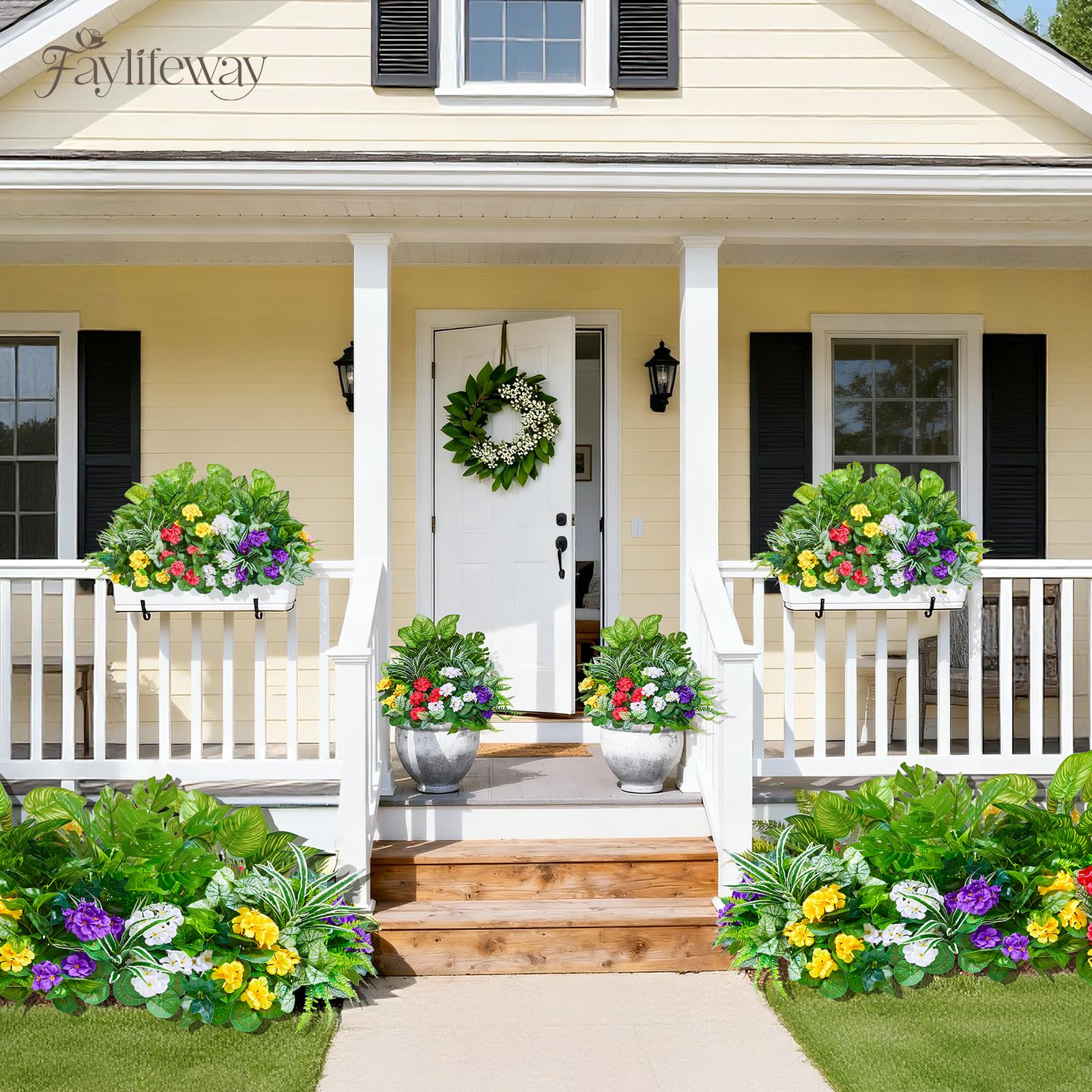 12 Bundles Artificial Plants Outdoor,UV Resistant Fake Greenery Stems with Large Shrubs Faux Plastic Plant for Outside Front Porch Planters Garden Window Box Patio Decor(Pot Not Included)