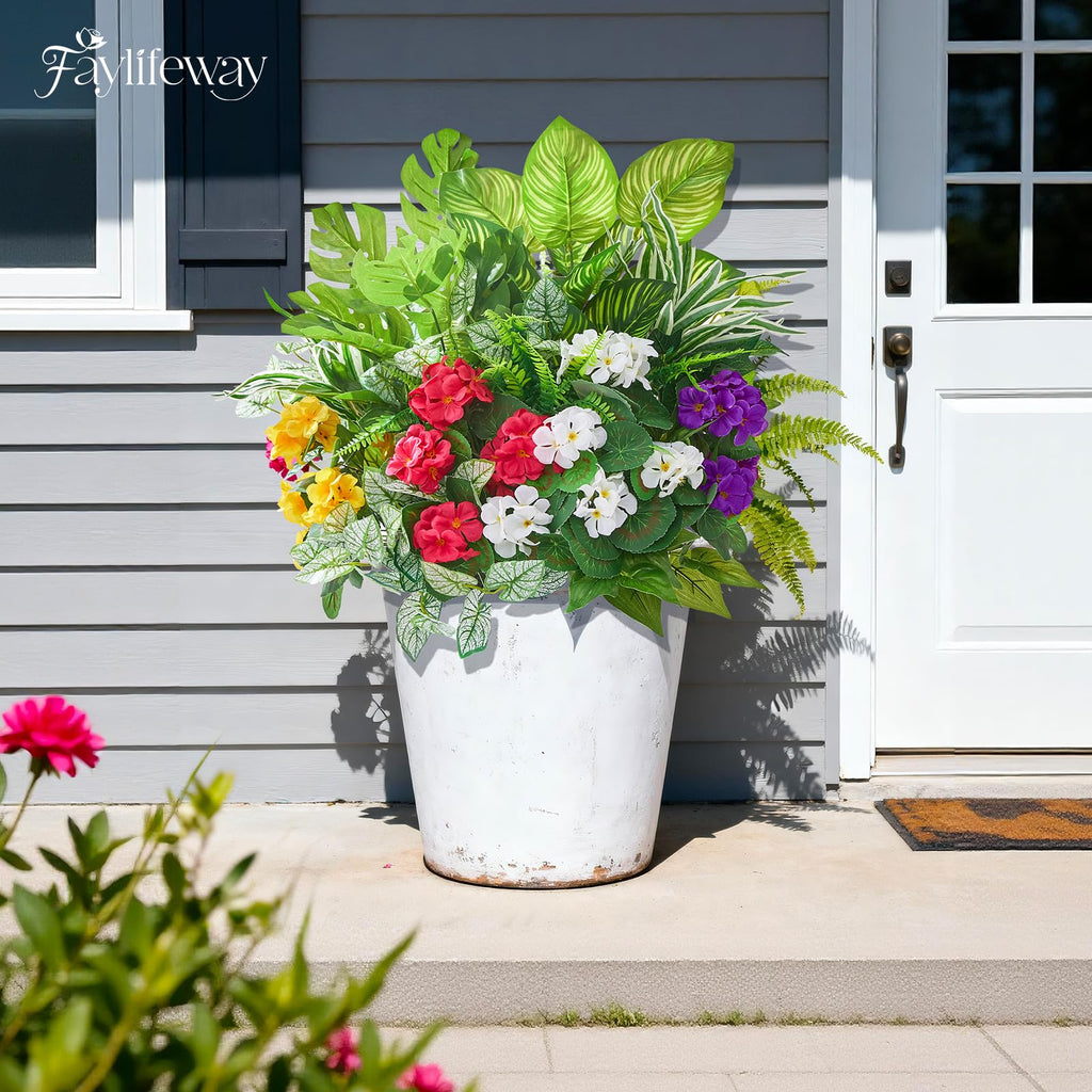 12 Bundles Artificial Plants Outdoor,UV Resistant Fake Greenery Stems with Large Shrubs Faux Plastic Plant for Outside Front Porch Planters Garden Window Box Patio Decor(Pot Not Included)