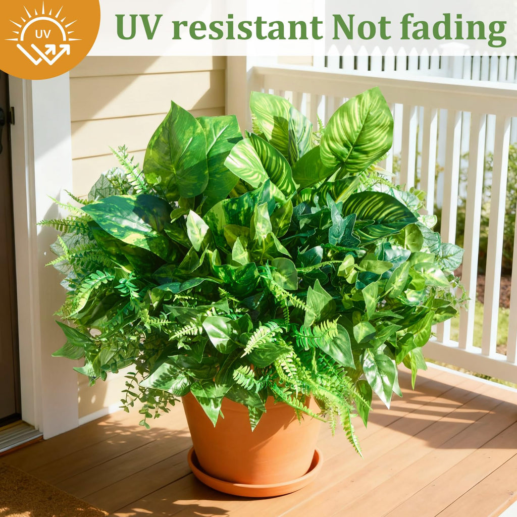 12 Bundles Artificial Plants Outdoor,UV Resistant Fake Greenery Stems with Large Shrubs Faux Plastic Plant for Outside Front Porch Planters Garden Window Box Patio Decor(Pot Not Included)