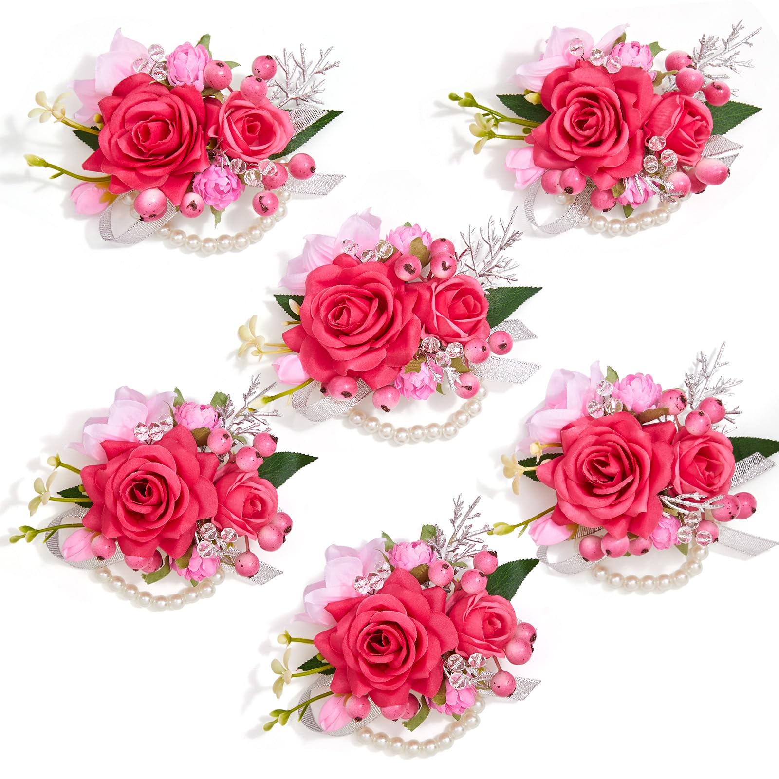 Serwalin 6Pcs Red Wrist Corsage for Wedding, Artificial Silk Rose Flower Wrist Corsage Wristlet for Prom Homecoming Party Accessories for Bride Bridesmaids, Mother of Bride and Groom