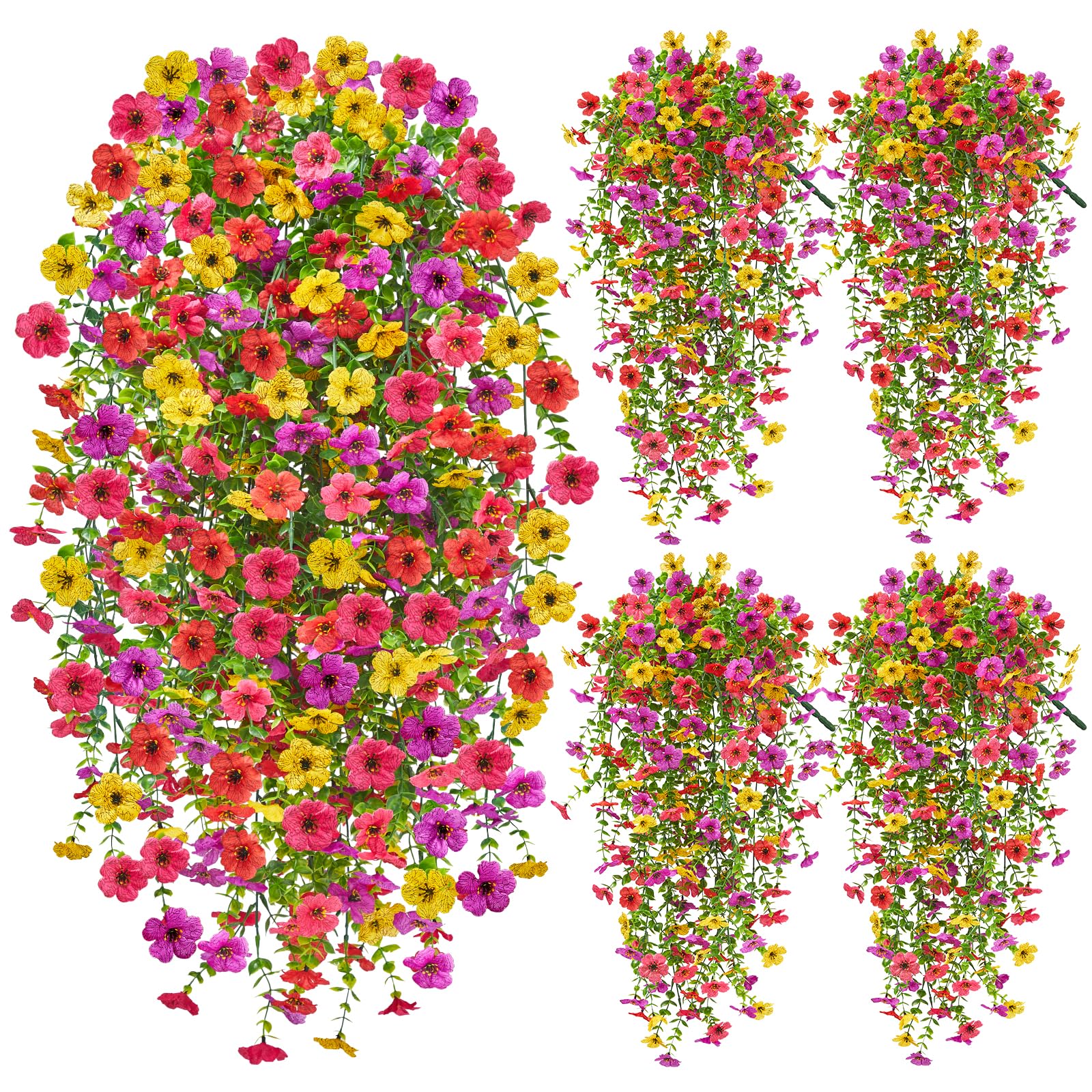 Artificial Hanging Flowers for Outdoors, 4PCS UV Resistant Artificial Outdoor Flowers, Silk Flowers for Outside Patio Porch Front Yard Window Garden Indoor Decor(Spring Color,4PCS)