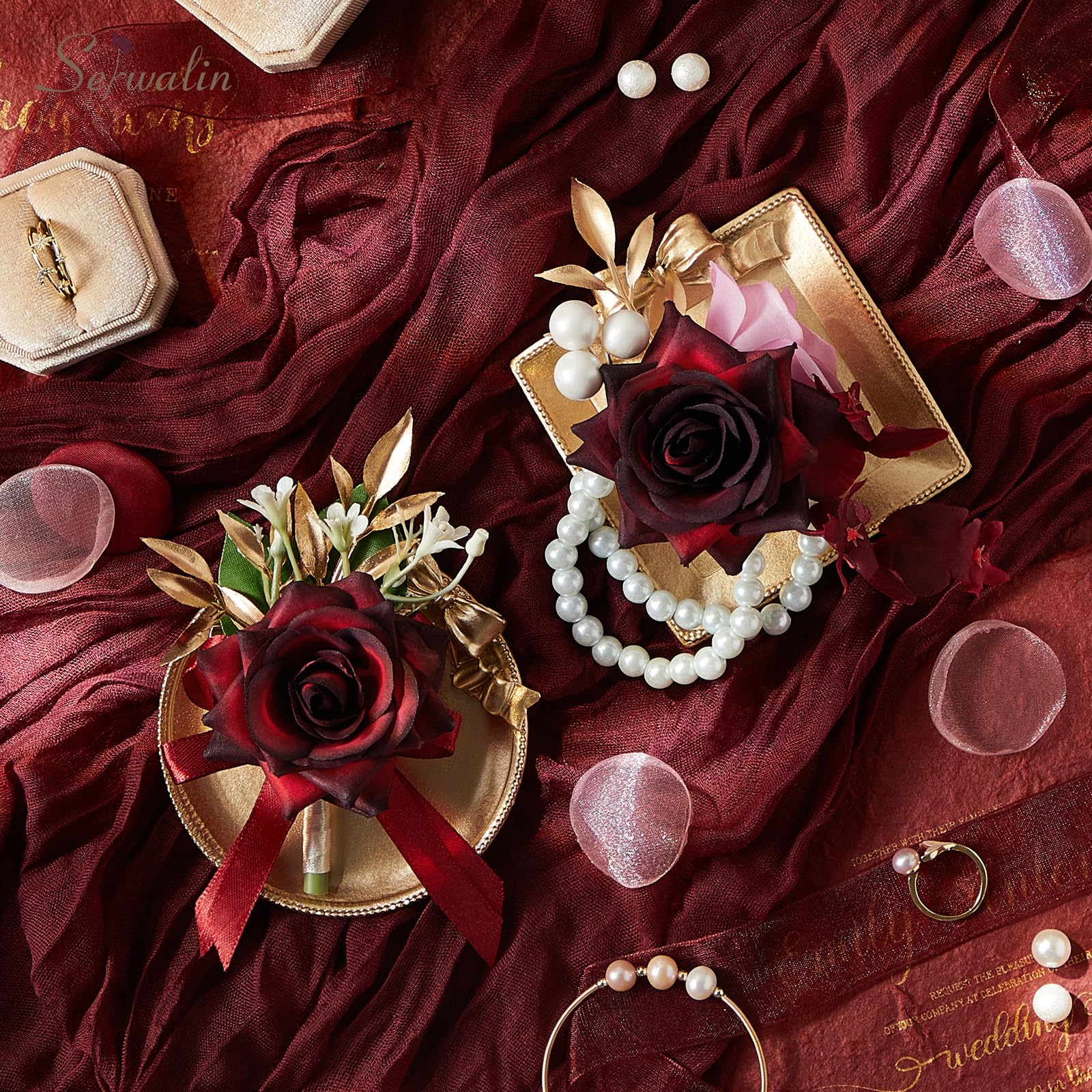 Serwalin 6Pcs Red Wrist Corsage for Wedding, Artificial Silk Rose Flower Wrist Corsage Wristlet for Prom Homecoming Party Accessories for Bride Bridesmaids, Mother of Bride and Groom