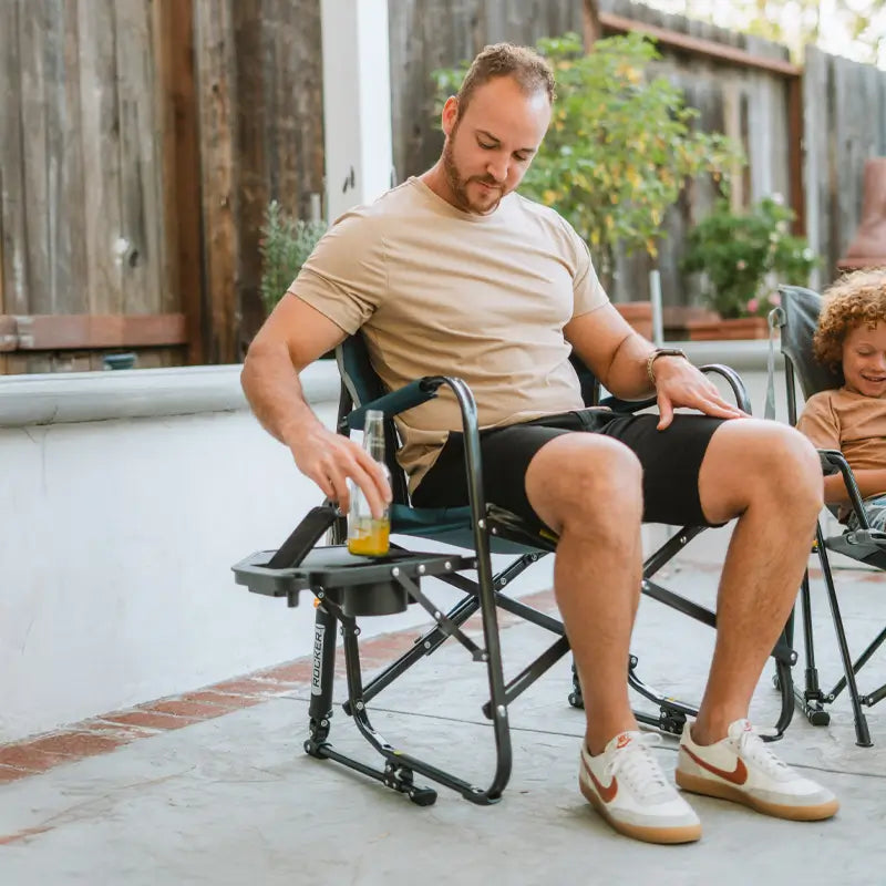 Premium All-Weather Freestyle Rocker with Side Table - Choice 853 - Heavy-Duty Kickback Rocker with Beverage Holder Detail