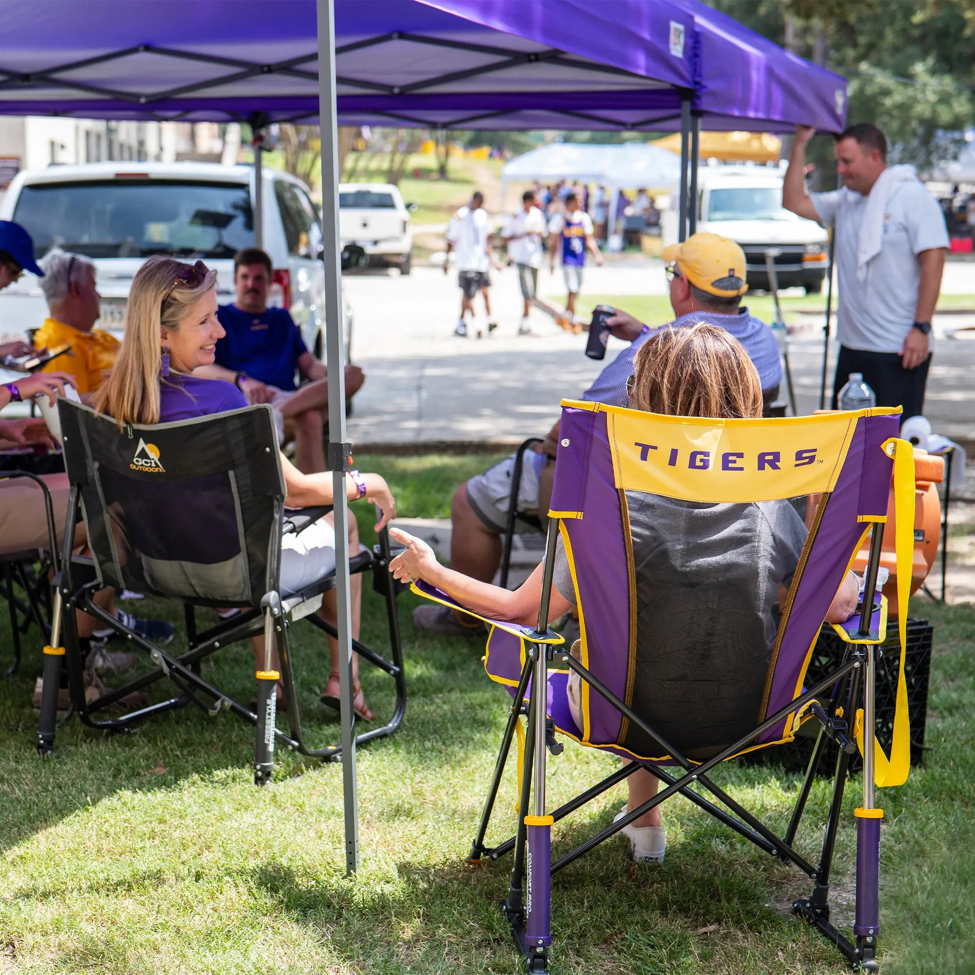 Premium All-Weather College Comfort Pro Rocker - LSU Tigers - Choice 880 - Freestyle Rocker Portable Outdoor Folding Chair Detail