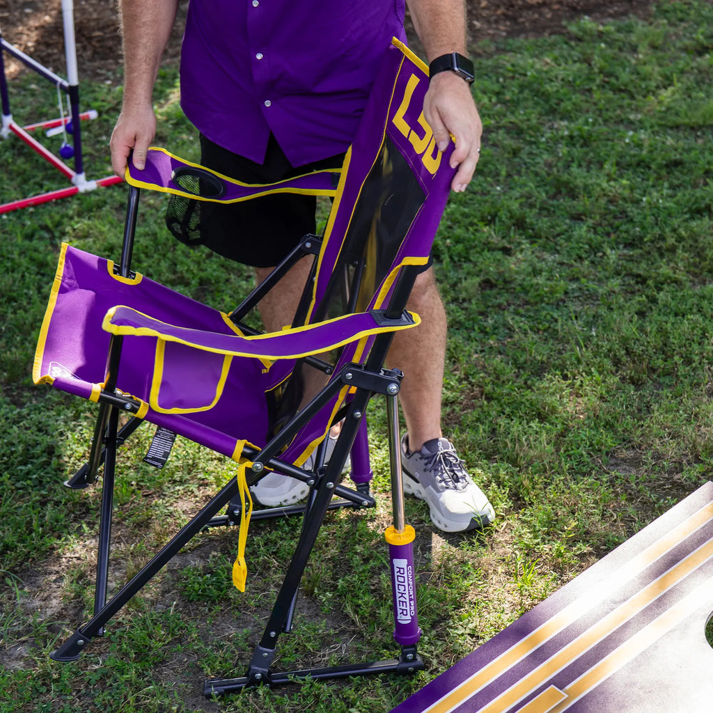 Premium All-Weather College Comfort Pro Rocker - LSU Tigers - Choice 880 - Freestyle Rocker Portable Outdoor Folding Chair Detail