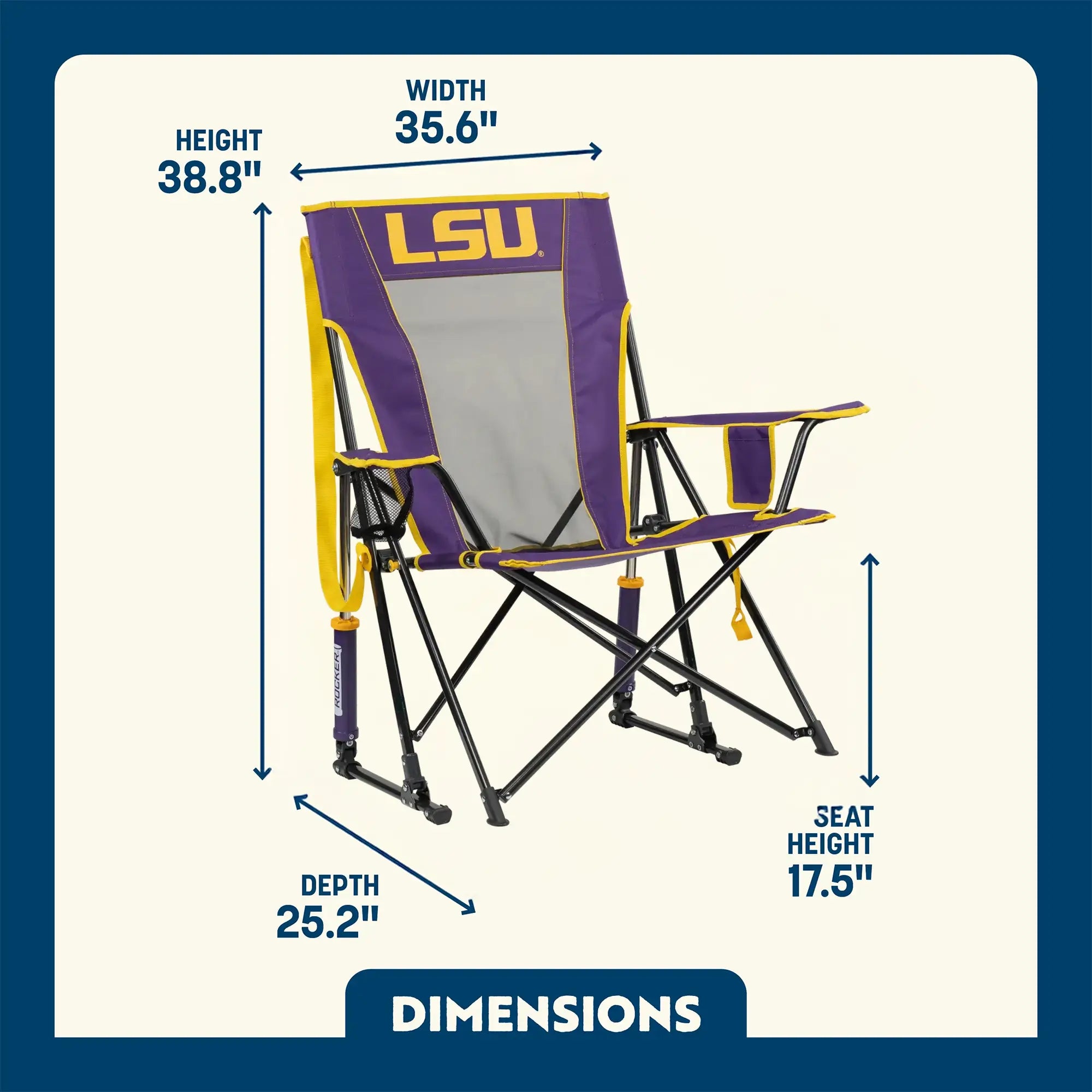 Premium All-Weather College Comfort Pro Rocker - LSU Tigers - Choice 880 - Freestyle Rocker Portable Outdoor Folding Chair Detail